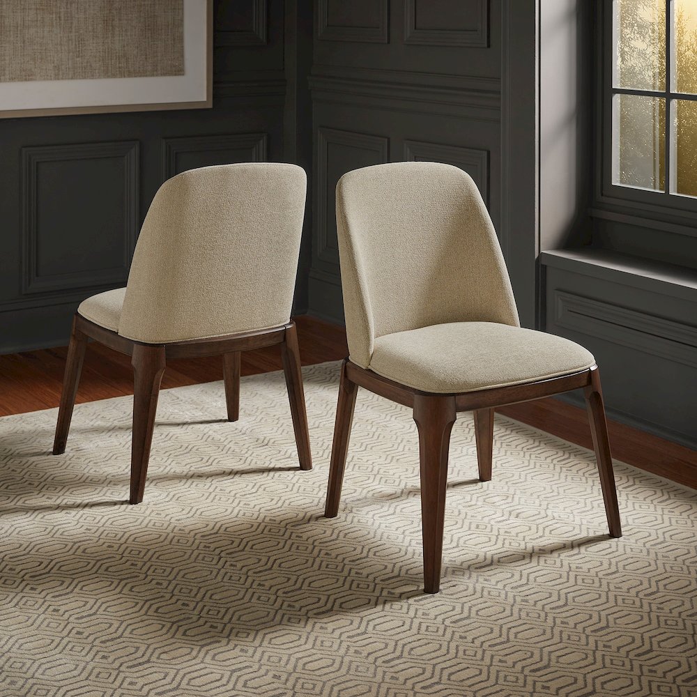 Set of 2, Walnut Finish Curved Back Sand Heathered Weave Dining Chair. Picture 2