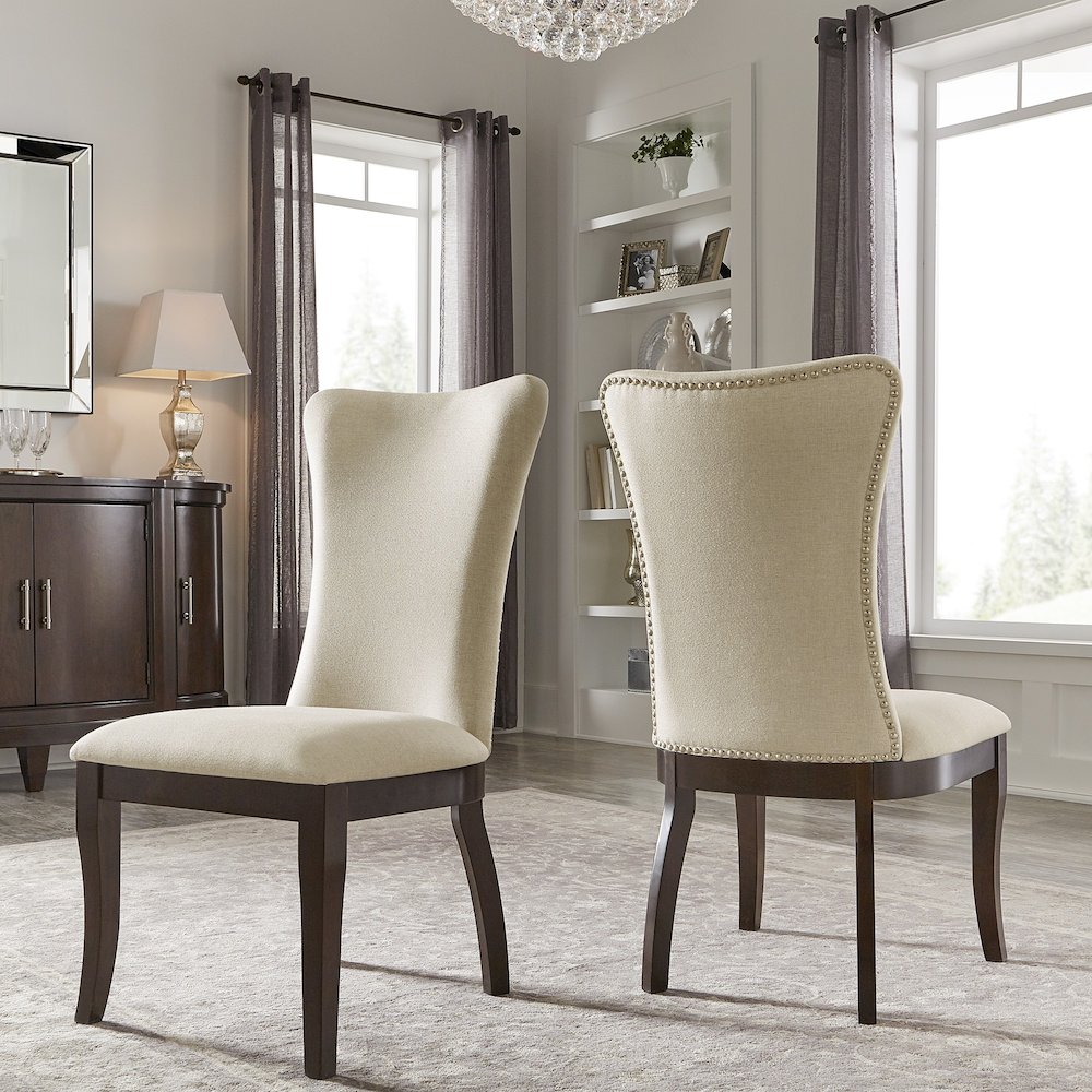 Set of 2, Dark Cherry Finish Beige Fabric Dining Chair. Picture 1