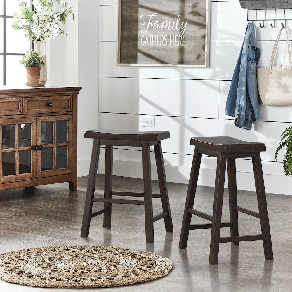 Set of 2, Antique Black Finish Saddleback Counter Height Stool. Picture 1
