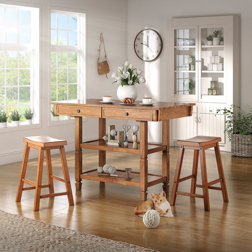 Set of 2, Oak Finish Saddleback Stool. Picture 1