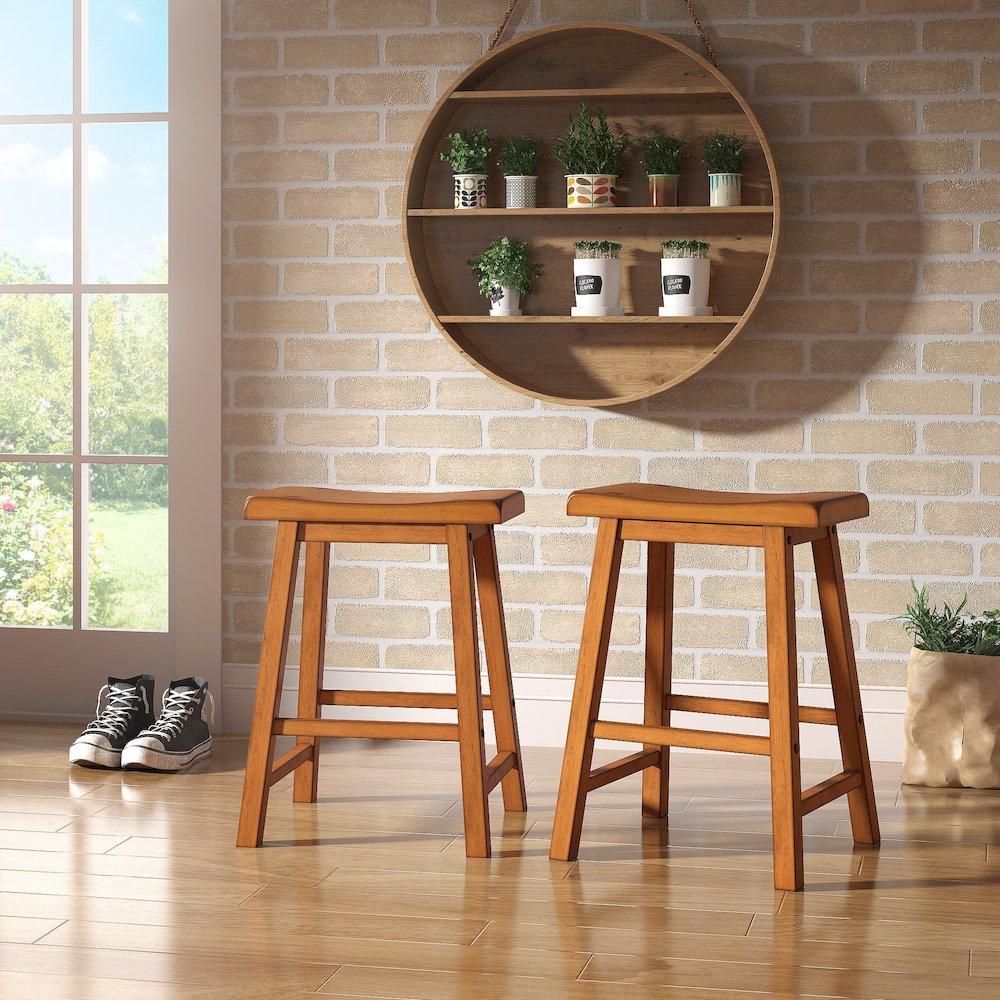 Set of 2, Oak Finish Saddleback Stool. Picture 2