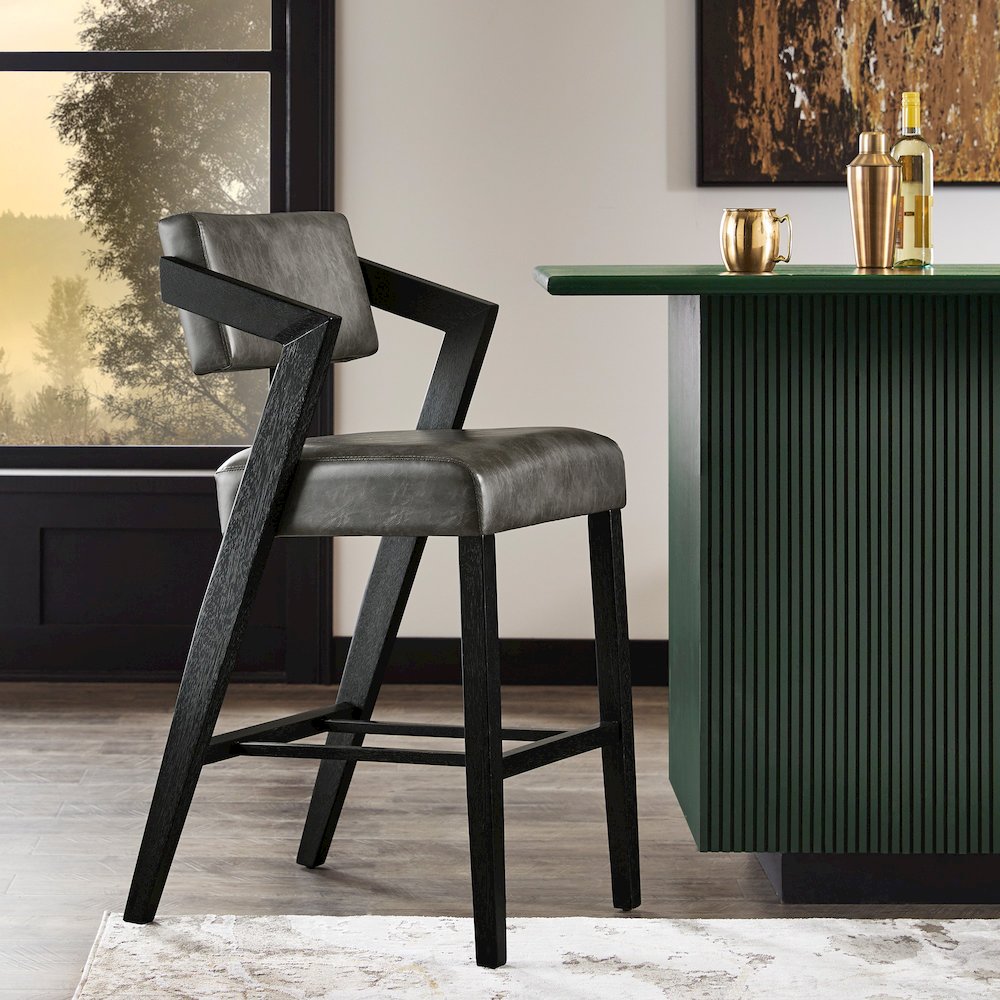 Black Wash Finish Charcoal PU Bar Height Chair. Picture 2