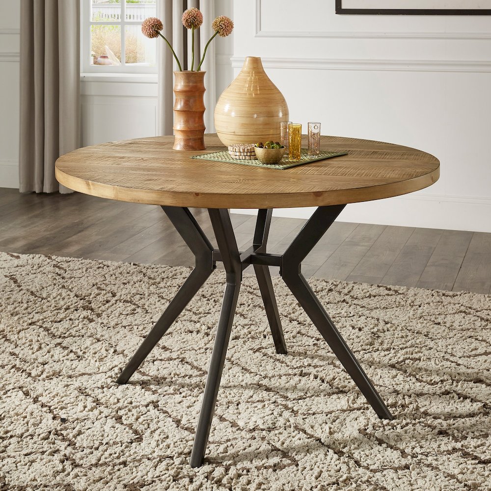 Light Pine Finish 45" Round Dining Table With Iron Grey Metal Base. Picture 1