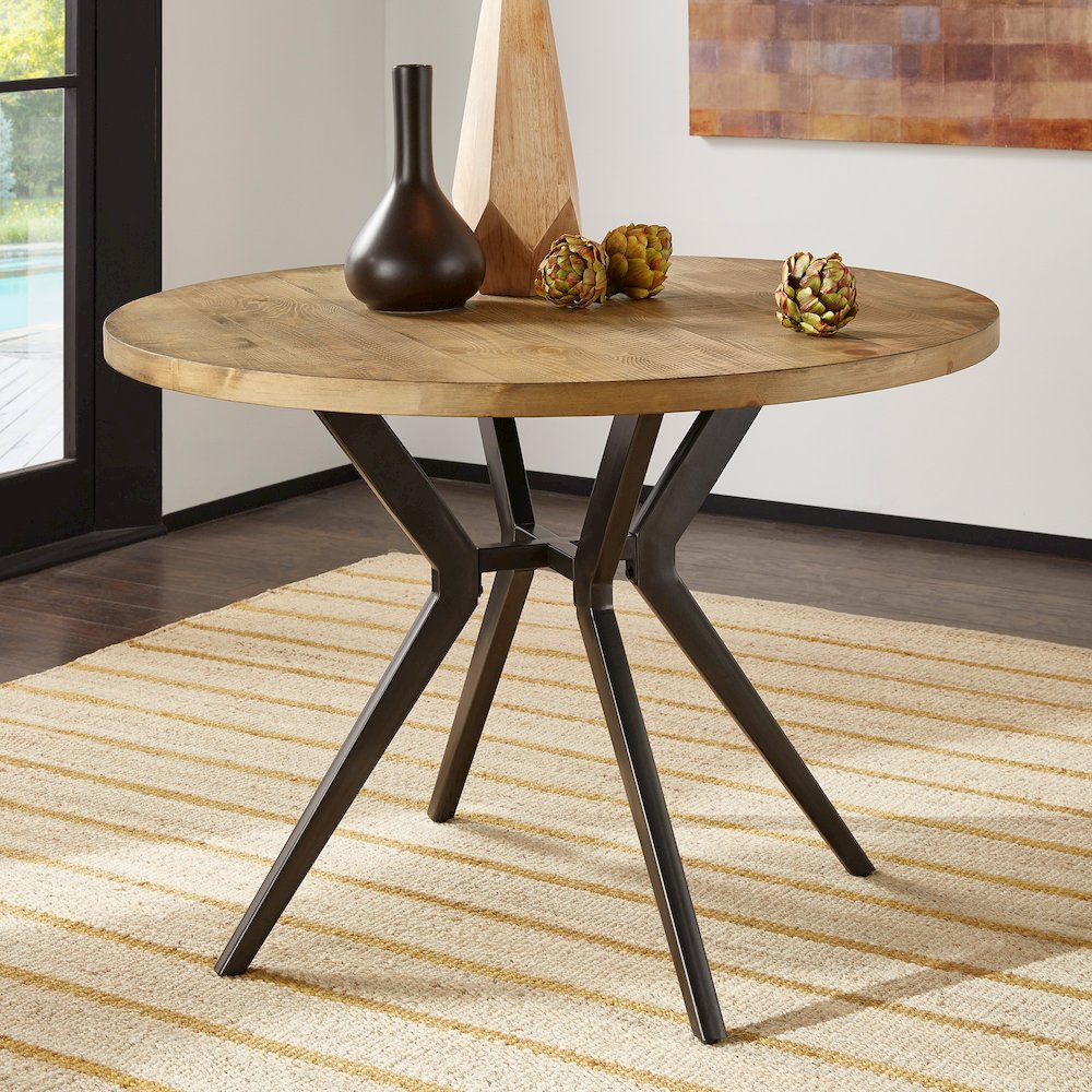 Light Pine Finish 45" Round Dining Table With Iron Grey Metal Base. Picture 2