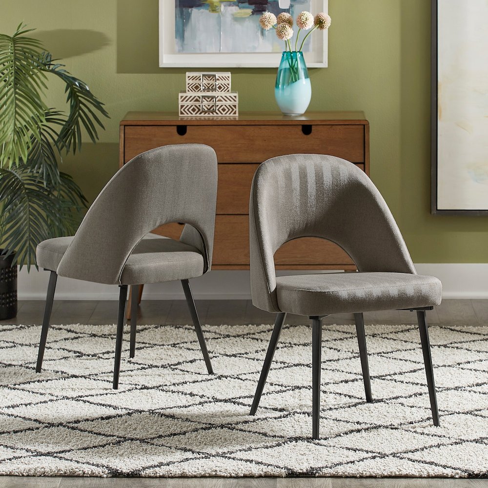 Set of 2, Iron Grey Finish Metal Grey Herringbone Fabric Dining Chair. Picture 2