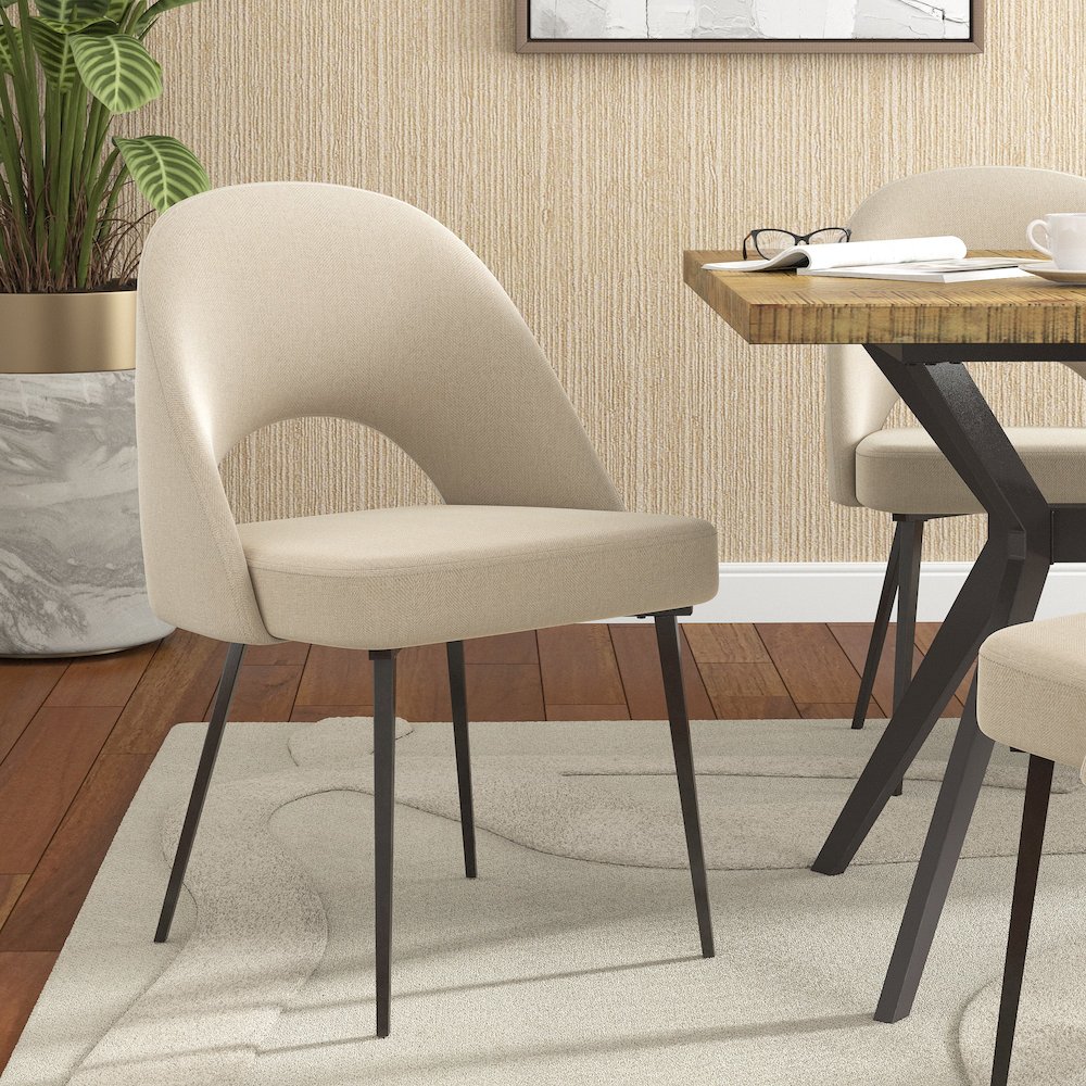 Set of 2, Iron Grey Finish Metal Beige Herringbone Fabric Dining Chair. Picture 1