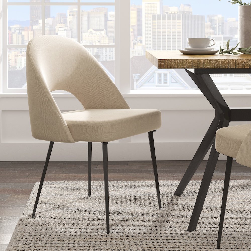 Set of 2, Iron Grey Finish Metal Beige Herringbone Fabric Dining Chair. Picture 2