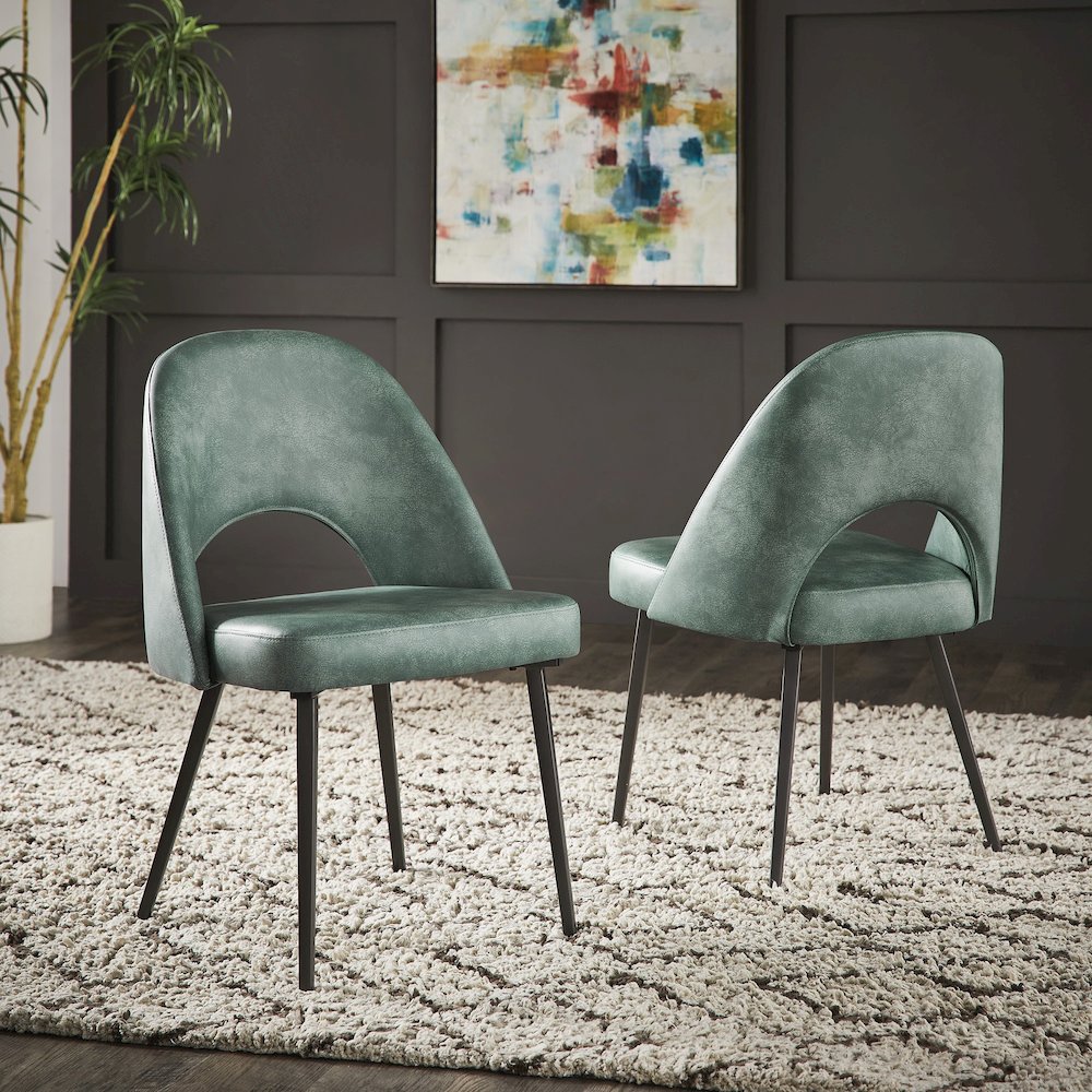 Set of 2, Iron Grey Finish Metal Teal PU Dining Chair. Picture 1