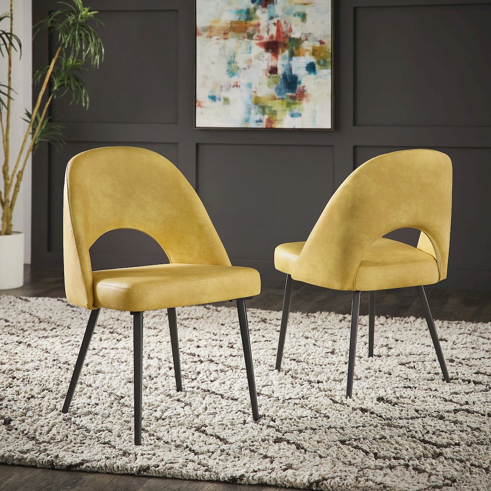 Set of 2, Iron Grey Finish Metal Yellow PU Dining Chair. Picture 1