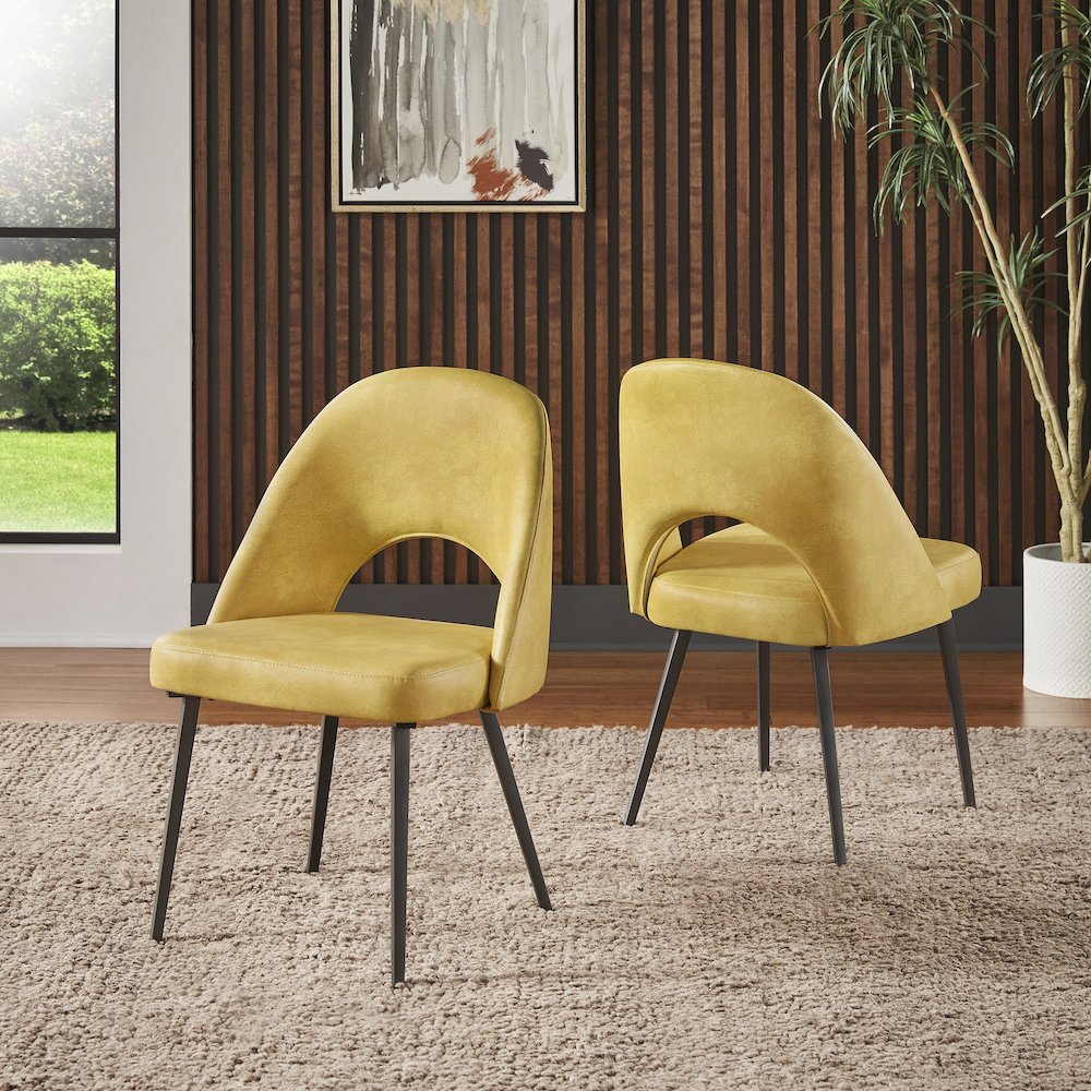 Set of 2, Iron Grey Finish Metal Yellow PU Dining Chair. Picture 2