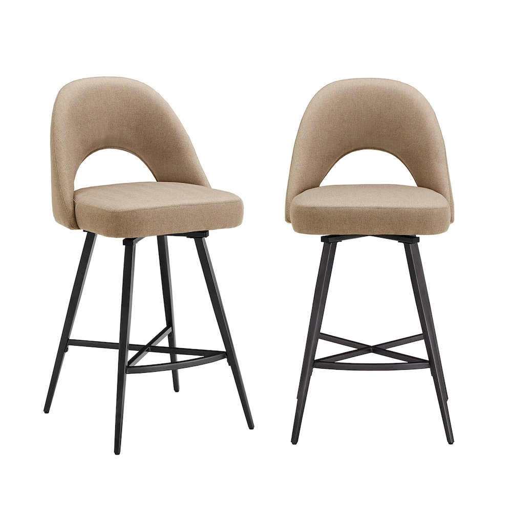 Set of 2, Iron Grey Finish Metal Beige Fabric Swivel Counter Height Chair. Picture 4