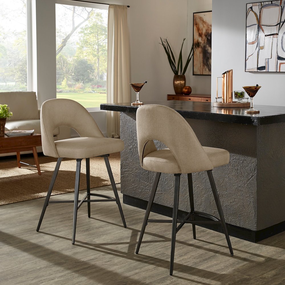 Set of 2, Iron Grey Finish Metal Beige Fabric Swivel Counter Height Chair. Picture 1