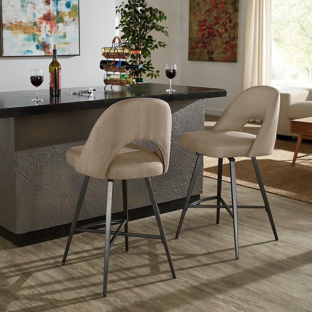 Set of 2, Iron Grey Finish Metal Beige Fabric Swivel Counter Height Chair. Picture 2