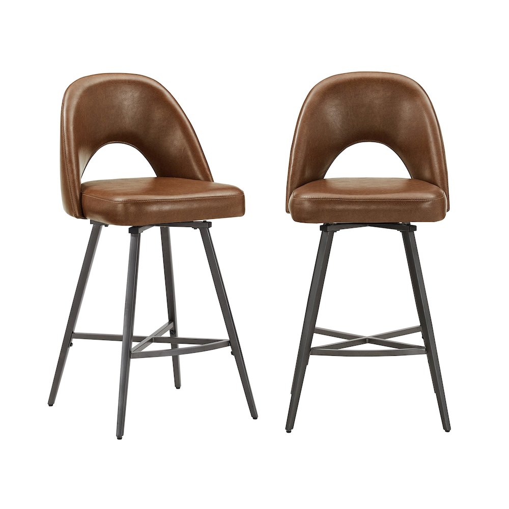 Set of 2, Iron Grey Finish Metal Brown PU Swivel Counter Height Chair. Picture 5