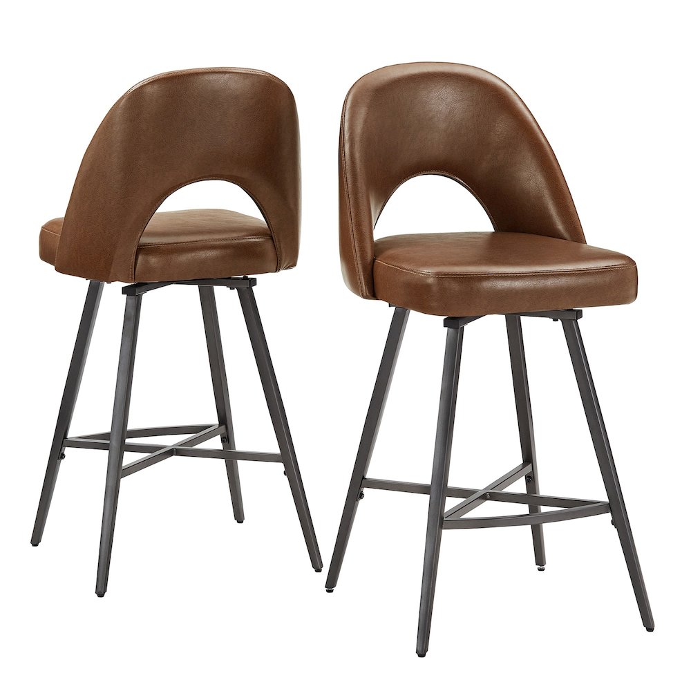 Set of 2, Iron Grey Finish Metal Brown PU Swivel Counter Height Chair. Picture 10