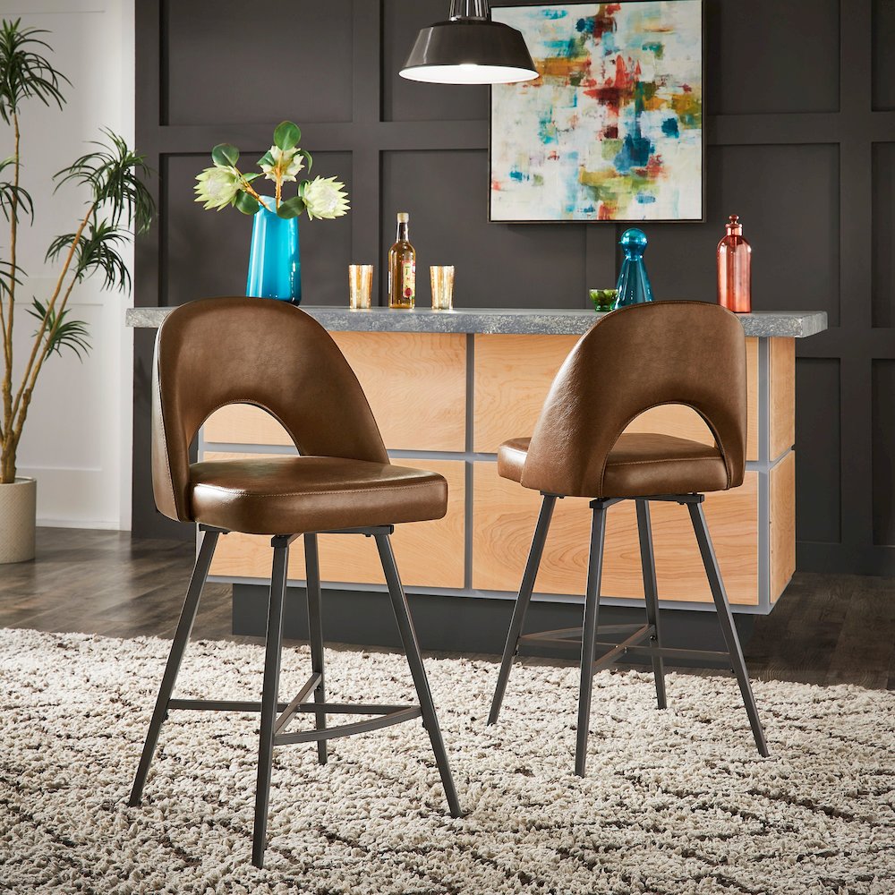 Set of 2, Iron Grey Finish Metal Brown PU Swivel Counter Height Chair. Picture 1