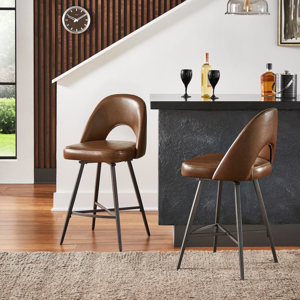 Set of 2, Iron Grey Finish Metal Brown PU Swivel Counter Height Chair. Picture 2