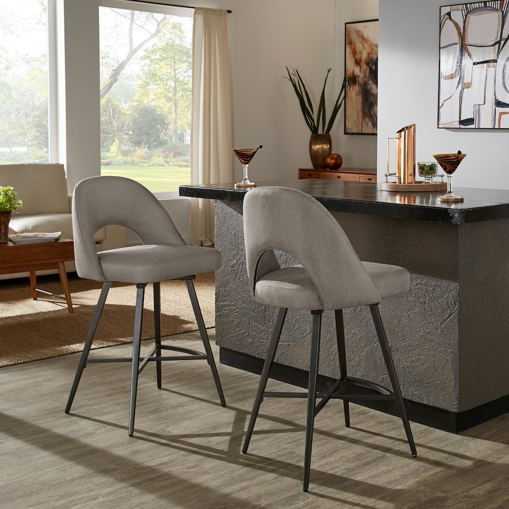 Set of 2, Iron Grey Finish Metal Grey Fabric Swivel Counter Height Chair. Picture 1