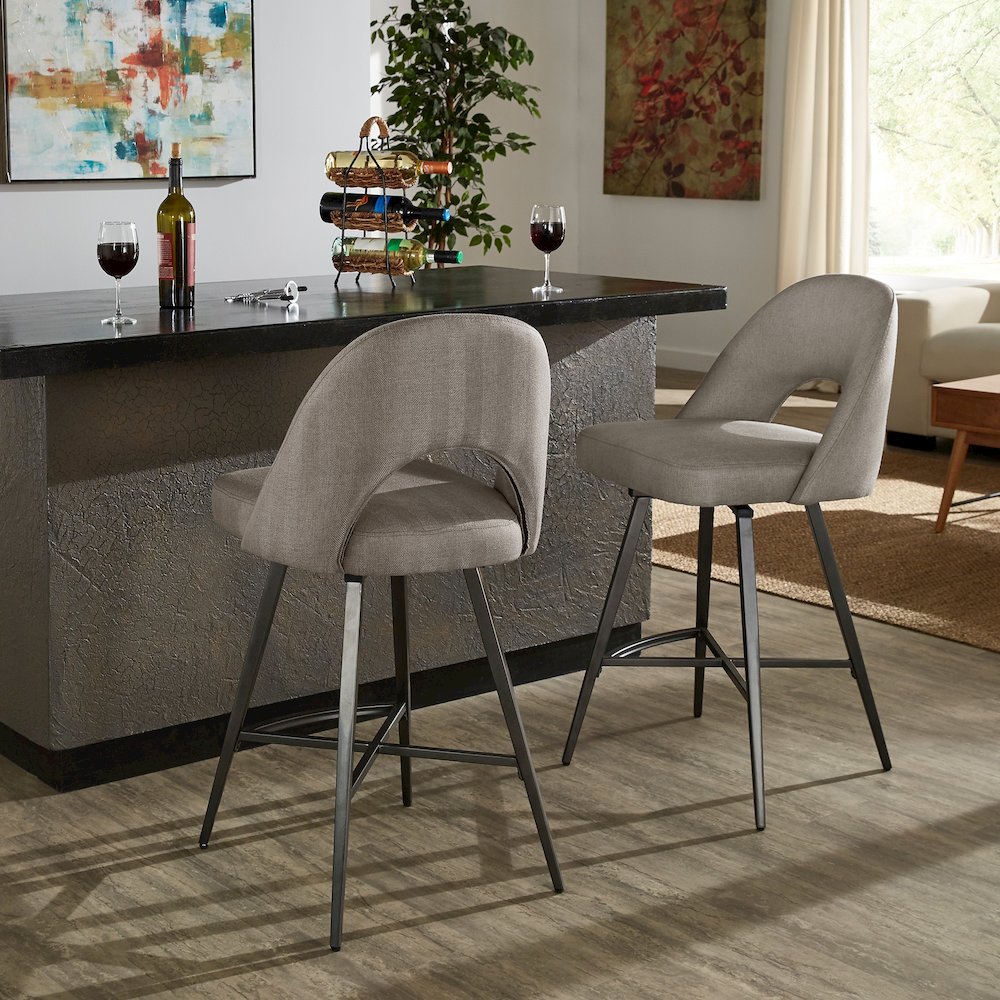 Set of 2, Iron Grey Finish Metal Grey Fabric Swivel Counter Height Chair. Picture 2