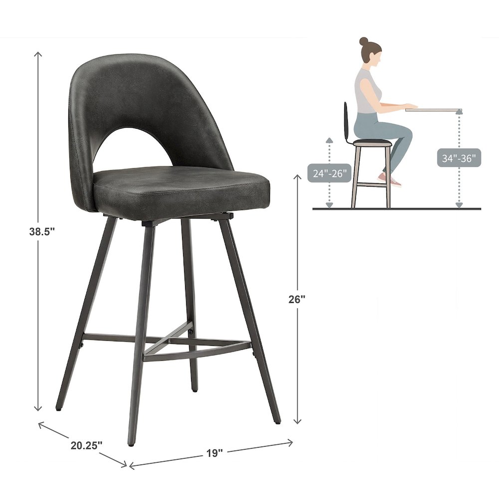 Set of 2, Iron Grey Finish Metal Dark Grey PU Swivel Counter Height Chair. Picture 6