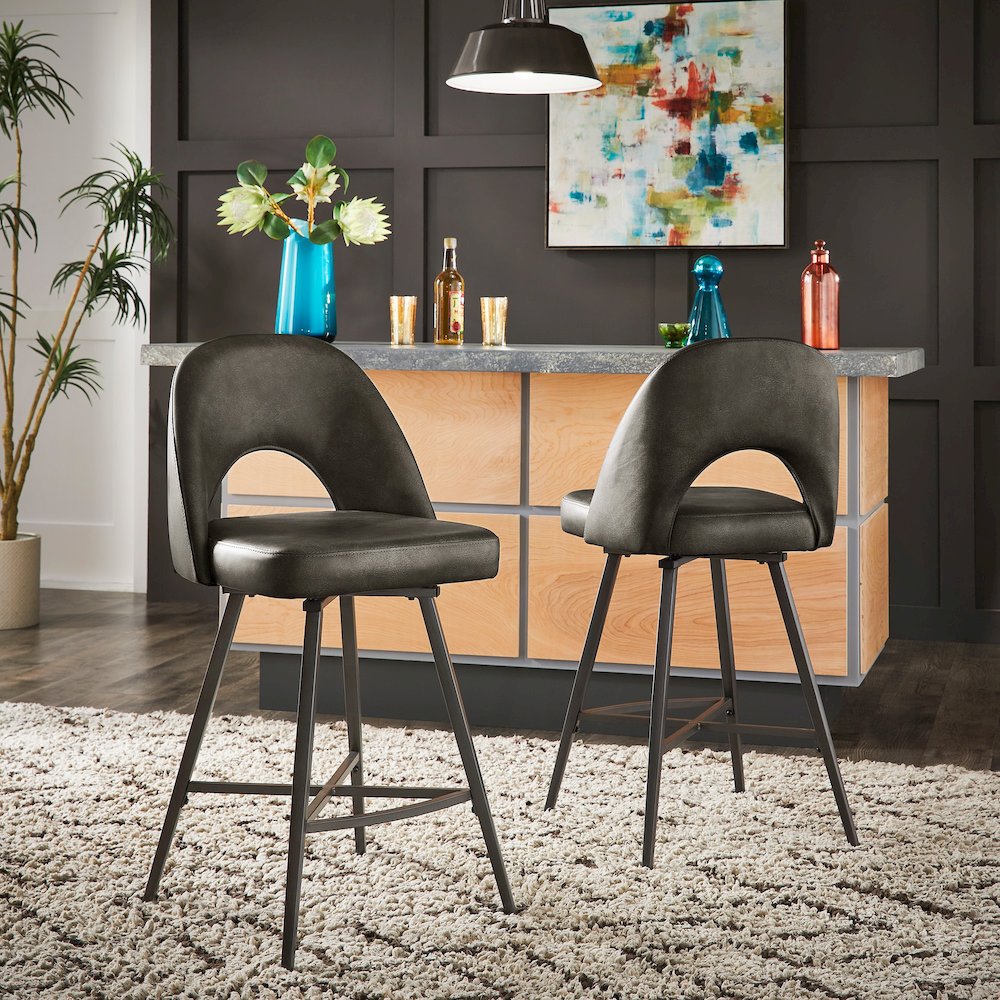 Set of 2, Iron Grey Finish Metal Dark Grey PU Swivel Counter Height Chair. Picture 1