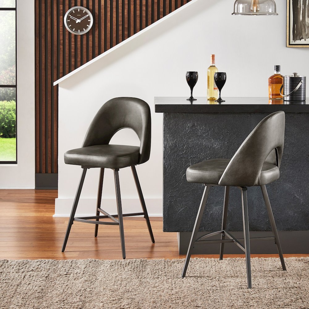 Set of 2, Iron Grey Finish Metal Dark Grey PU Swivel Counter Height Chair. Picture 2