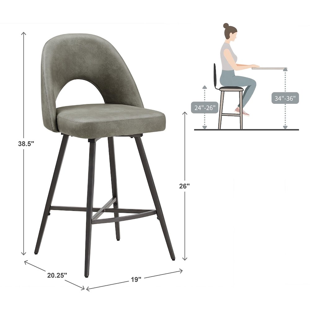 Set of 2, Iron Grey Finish Metal Light Grey PU Swivel Counter Height Chair. Picture 6