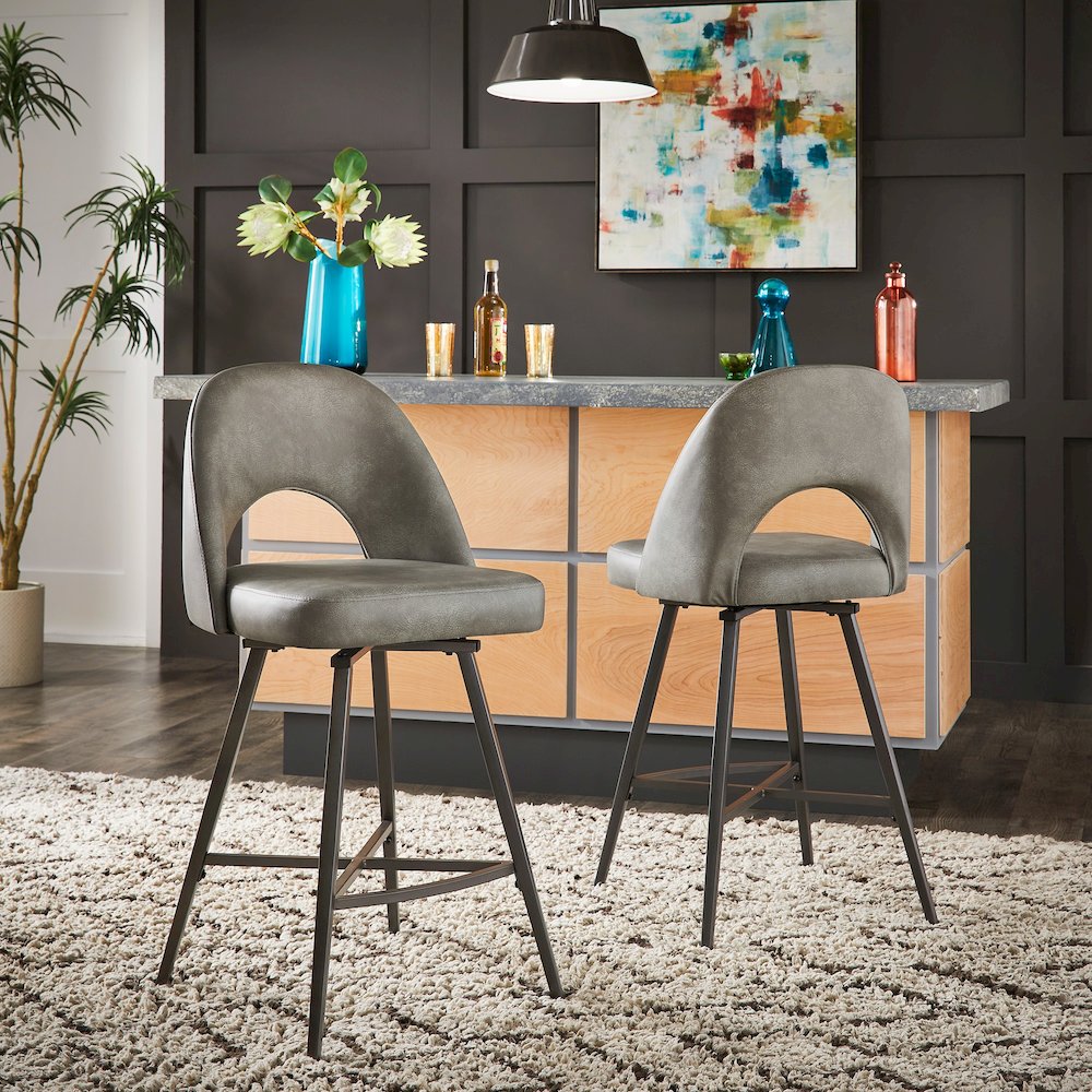 Set of 2, Iron Grey Finish Metal Light Grey PU Swivel Counter Height Chair. Picture 1