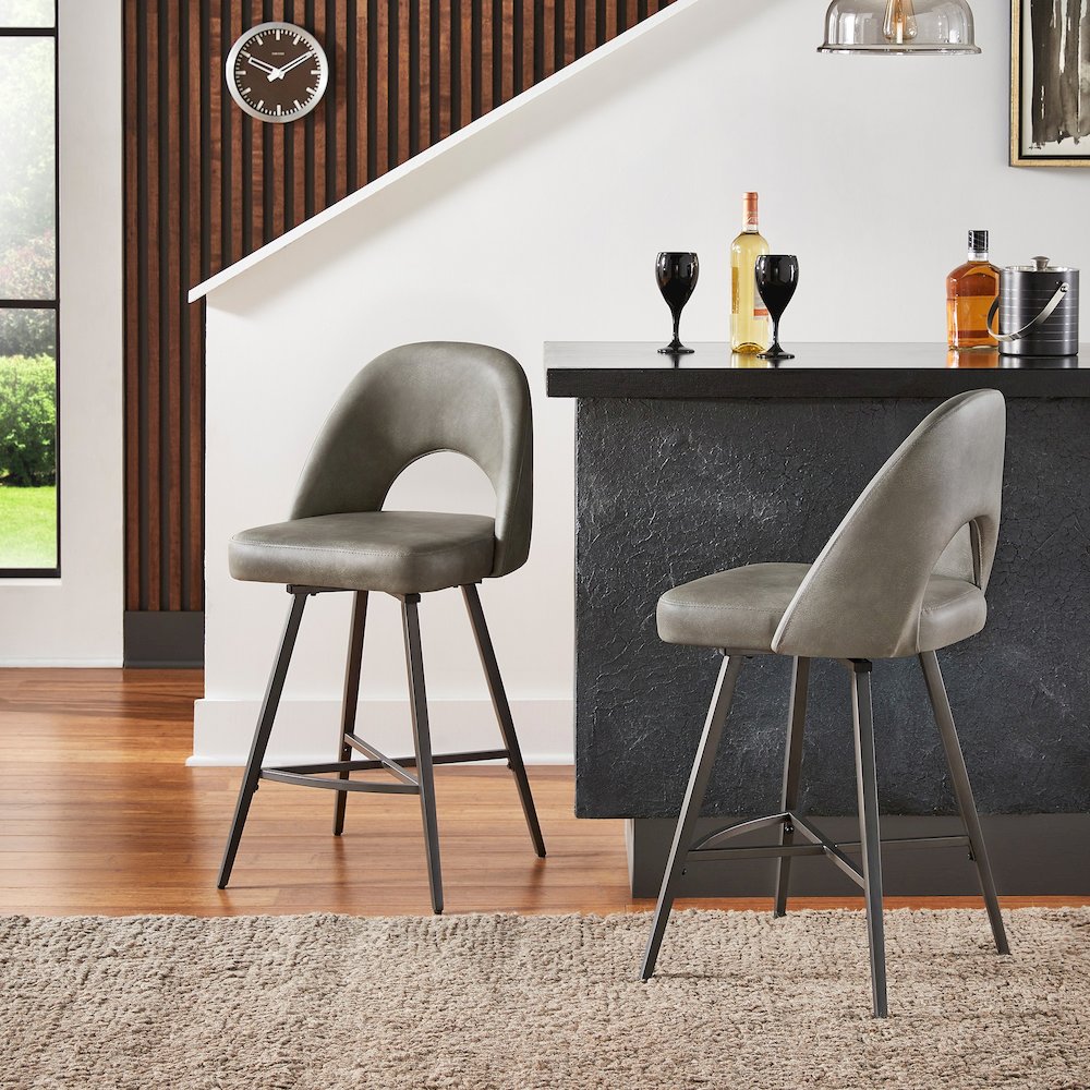 Set of 2, Iron Grey Finish Metal Light Grey PU Swivel Counter Height Chair. Picture 2