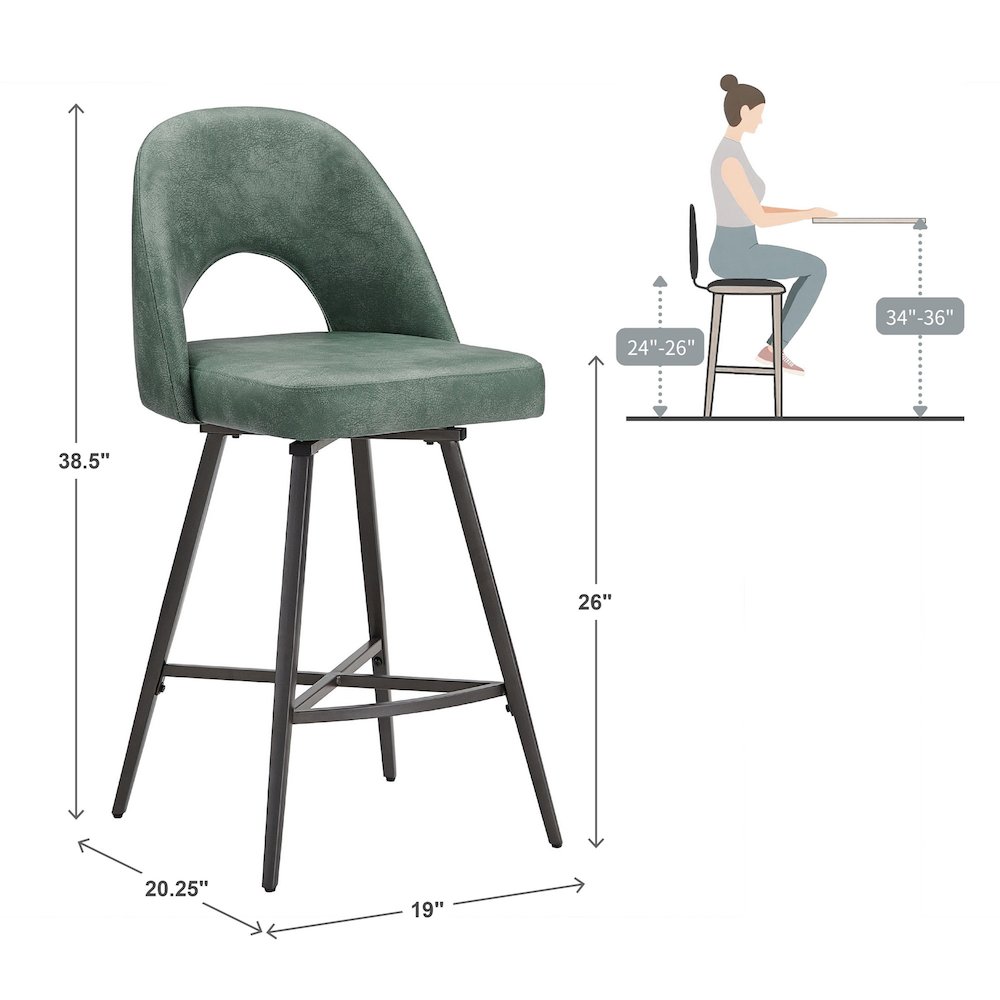 Set of 2, Iron Grey Finish Metal Teal PU Swivel Counter Height Chair. Picture 6