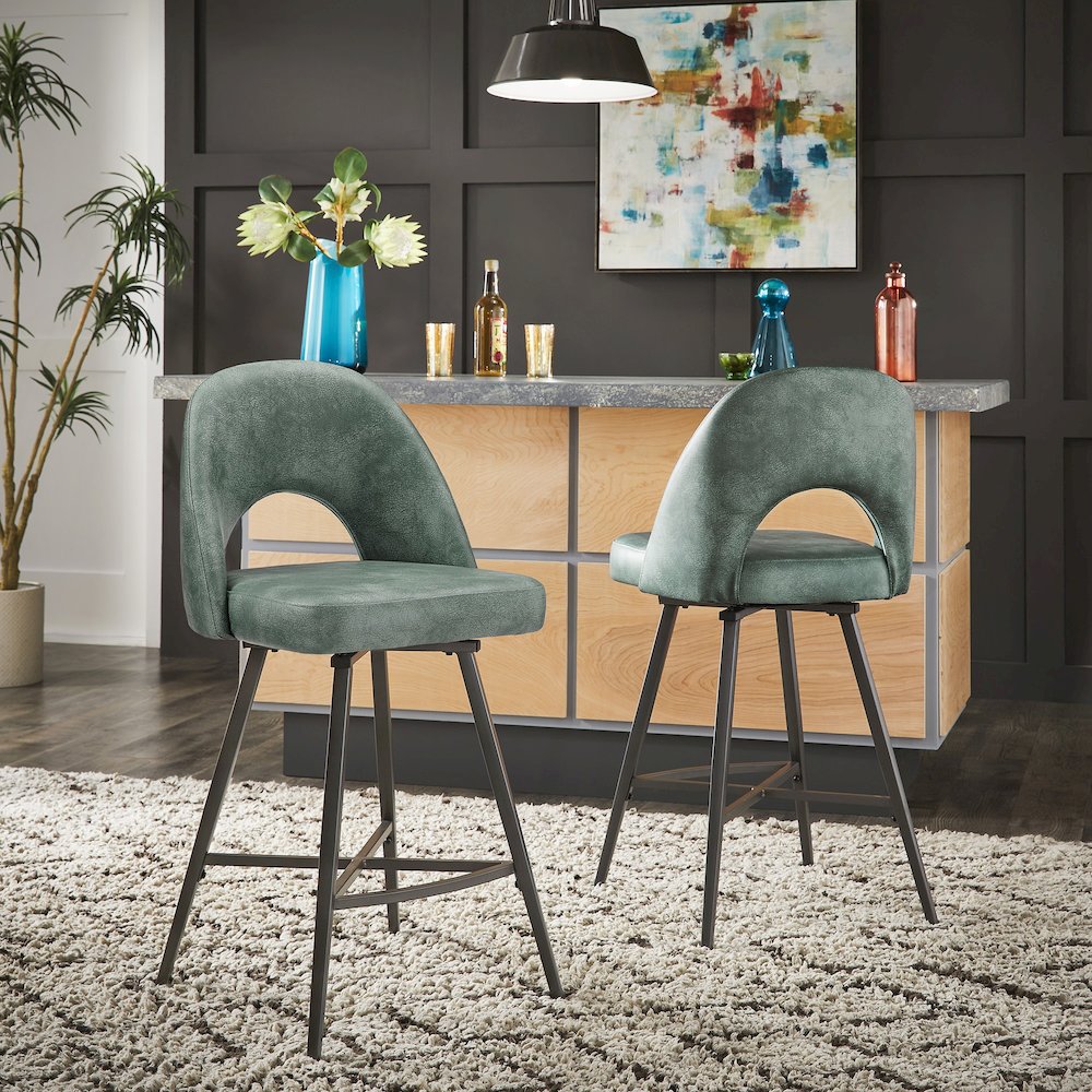 Set of 2, Iron Grey Finish Metal Teal PU Swivel Counter Height Chair. Picture 1