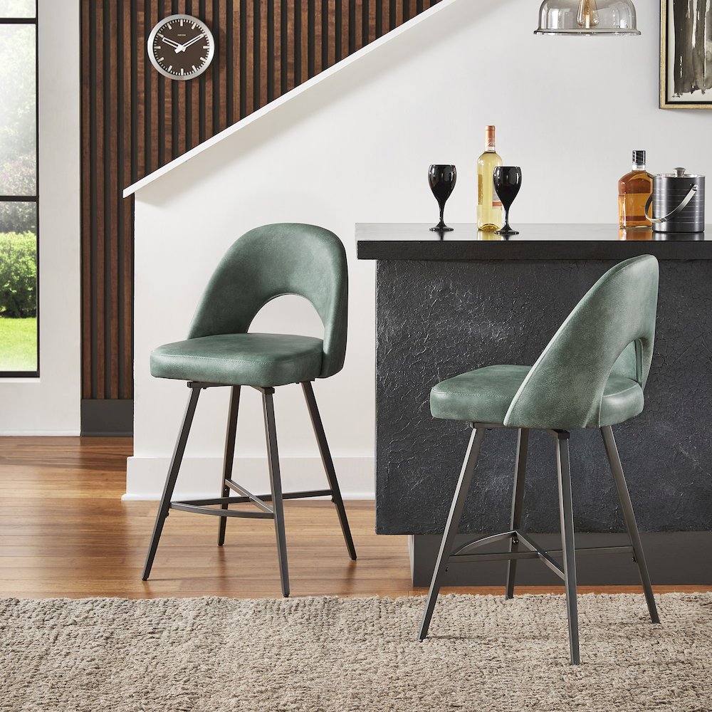 Set of 2, Iron Grey Finish Metal Teal PU Swivel Counter Height Chair. Picture 2