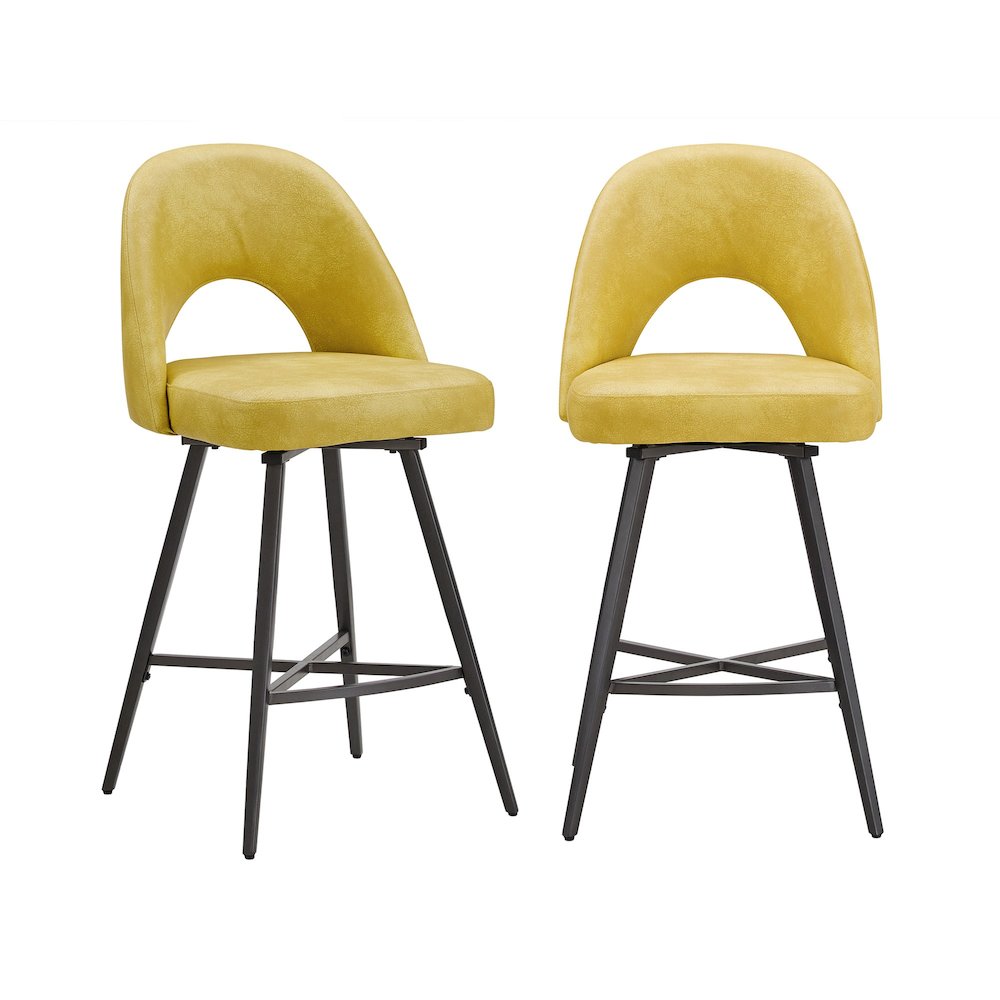 Set of 2, Iron Grey Finish Metal Yellow PU Swivel Counter Height Chair. Picture 5