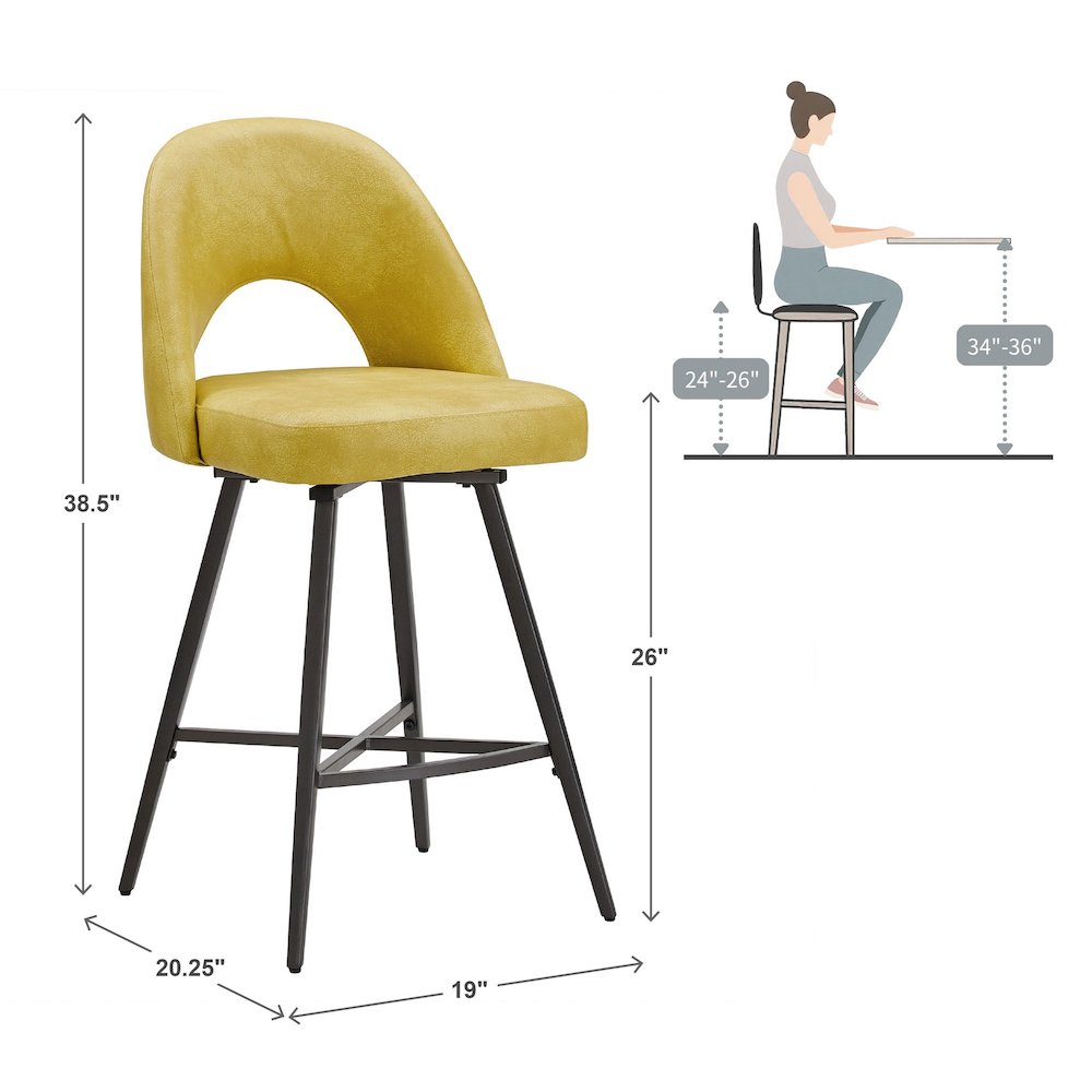 Set of 2, Iron Grey Finish Metal Yellow PU Swivel Counter Height Chair. Picture 6