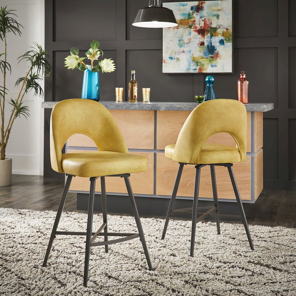 Set of 2, Iron Grey Finish Metal Yellow PU Swivel Counter Height Chair. Picture 1