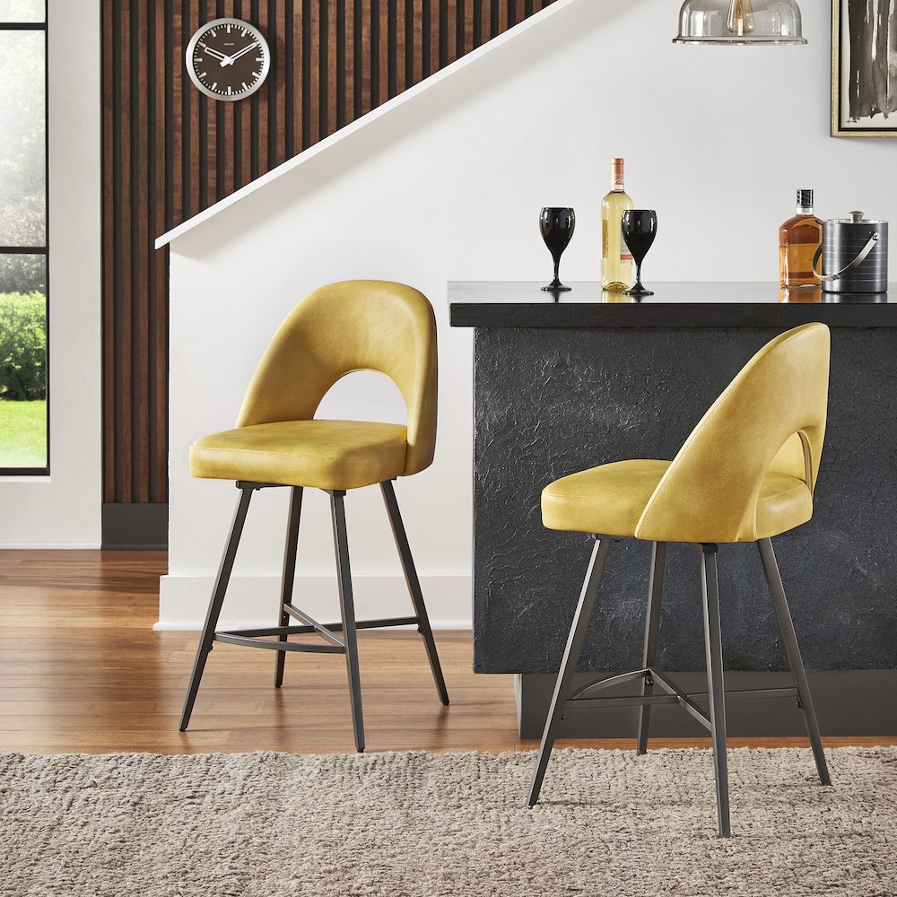 Set of 2, Iron Grey Finish Metal Yellow PU Swivel Counter Height Chair. Picture 2