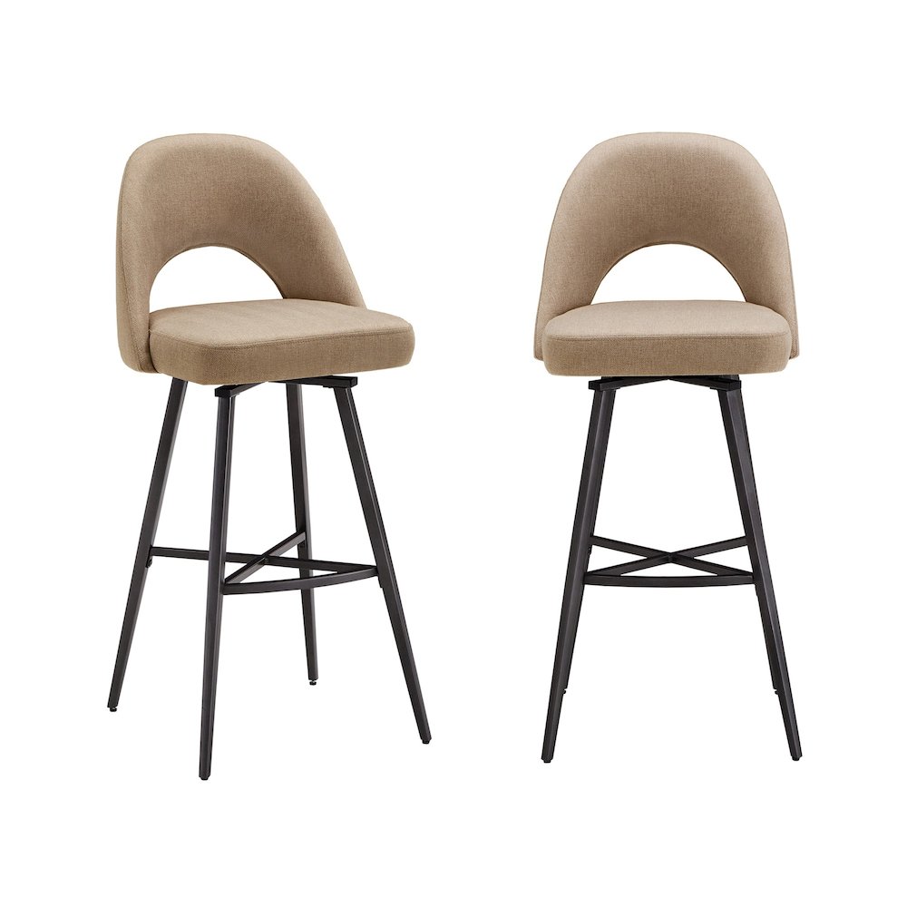 Set of 2, Iron Grey Finish Metal Beige Herringbone Swivel Bar Height Chair. Picture 4