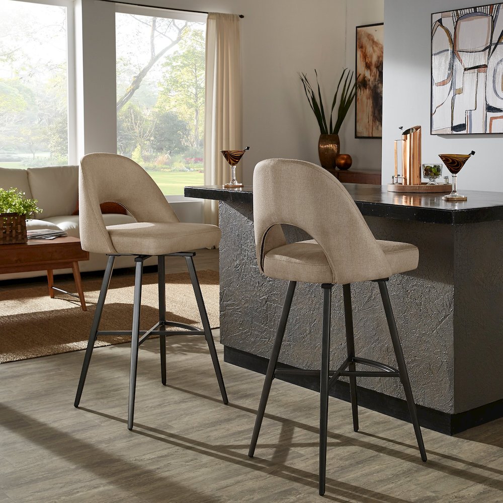 Set of 2, Iron Grey Finish Metal Beige Herringbone Swivel Bar Height Chair. Picture 1