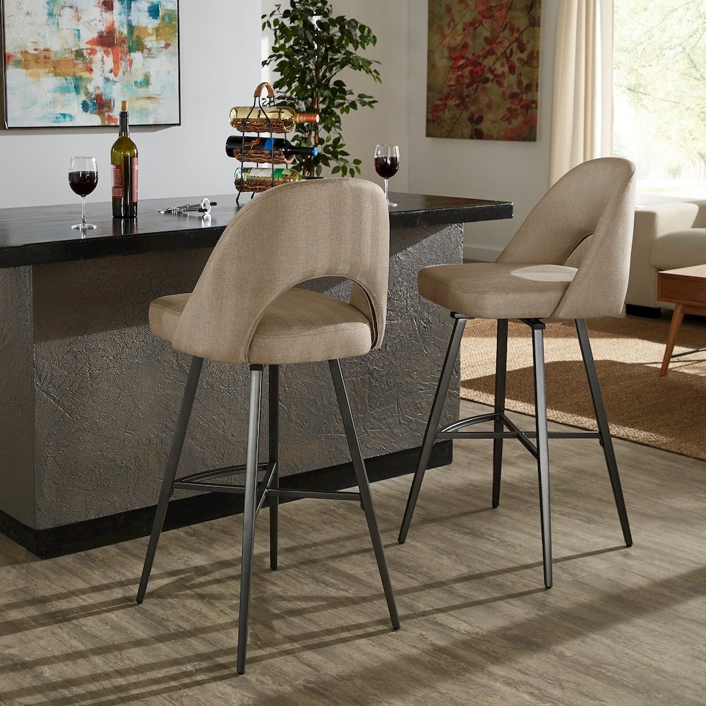 Set of 2, Iron Grey Finish Metal Beige Herringbone Swivel Bar Height Chair. Picture 2