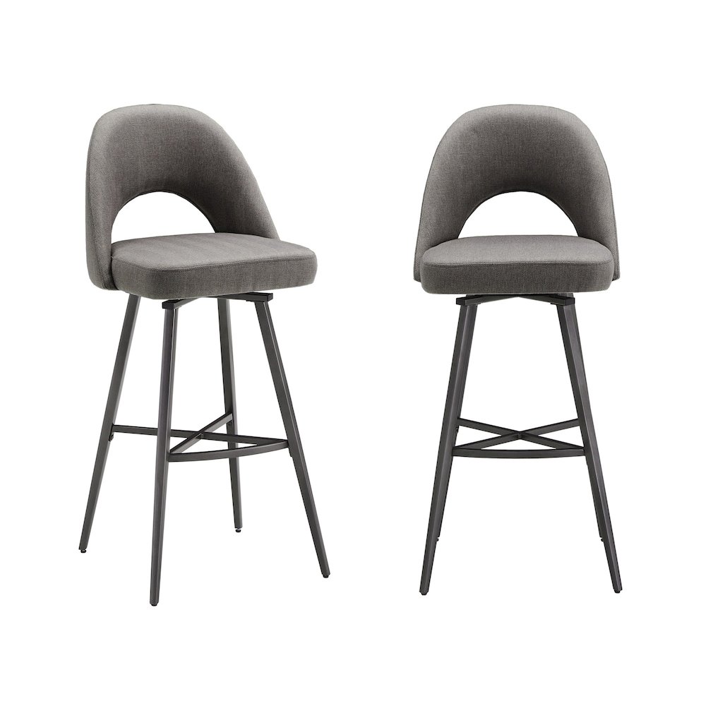 Set of 2, Iron Grey Finish Metal Grey Herringbone Fabric Swivel Bar Height Chair. Picture 4