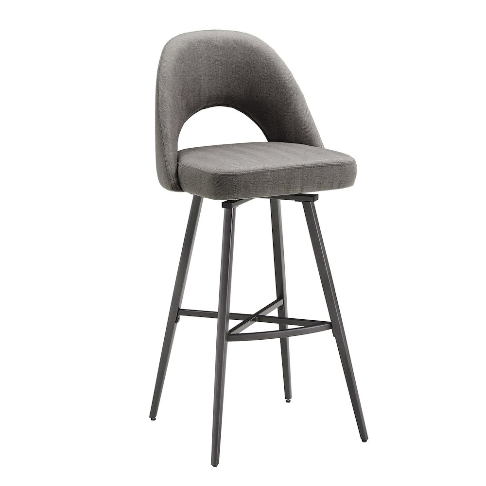 Set of 2, Iron Grey Finish Metal Grey Herringbone Fabric Swivel Bar Height Chair. Picture 6