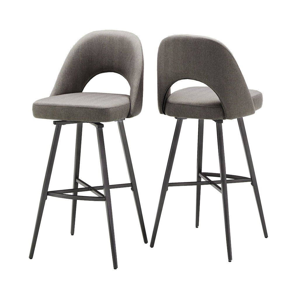 Set of 2, Iron Grey Finish Metal Grey Herringbone Fabric Swivel Bar Height Chair. Picture 9