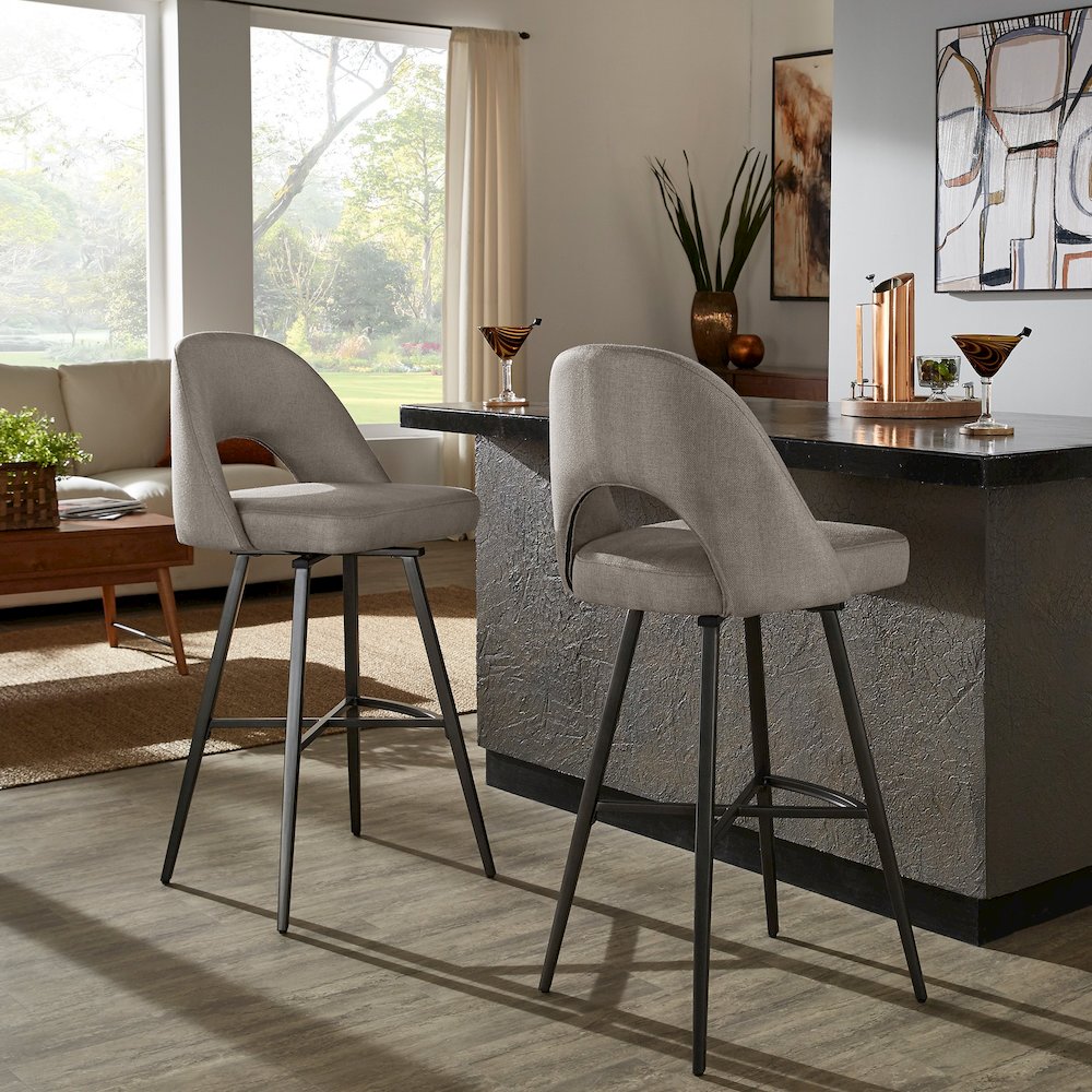 Set of 2, Iron Grey Finish Metal Grey Herringbone Fabric Swivel Bar Height Chair. Picture 1
