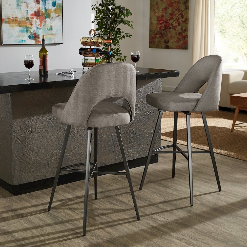Set of 2, Iron Grey Finish Metal Grey Herringbone Fabric Swivel Bar Height Chair. Picture 2
