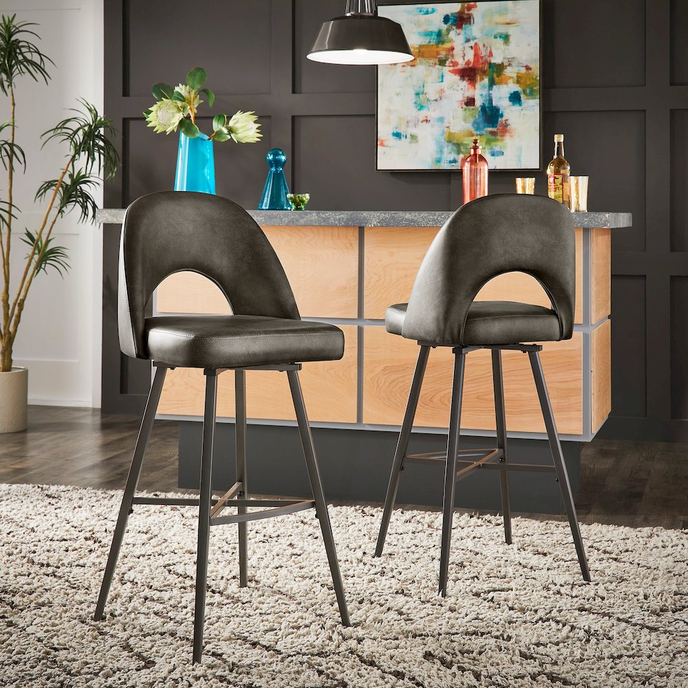 Set of 2, Iron Grey Finish Metal Dark Grey PU Swivel Bar Height Chair. Picture 1