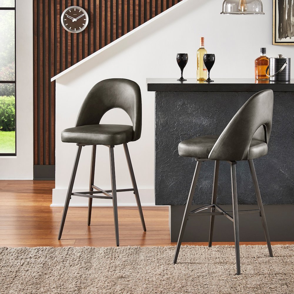 Set of 2, Iron Grey Finish Metal Dark Grey PU Swivel Bar Height Chair. Picture 2
