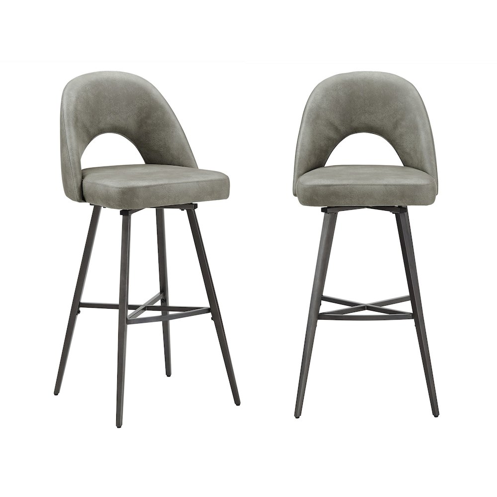 Set of 2, Iron Grey Finish Metal Light Grey PU Swivel Bar Height Chair. Picture 5