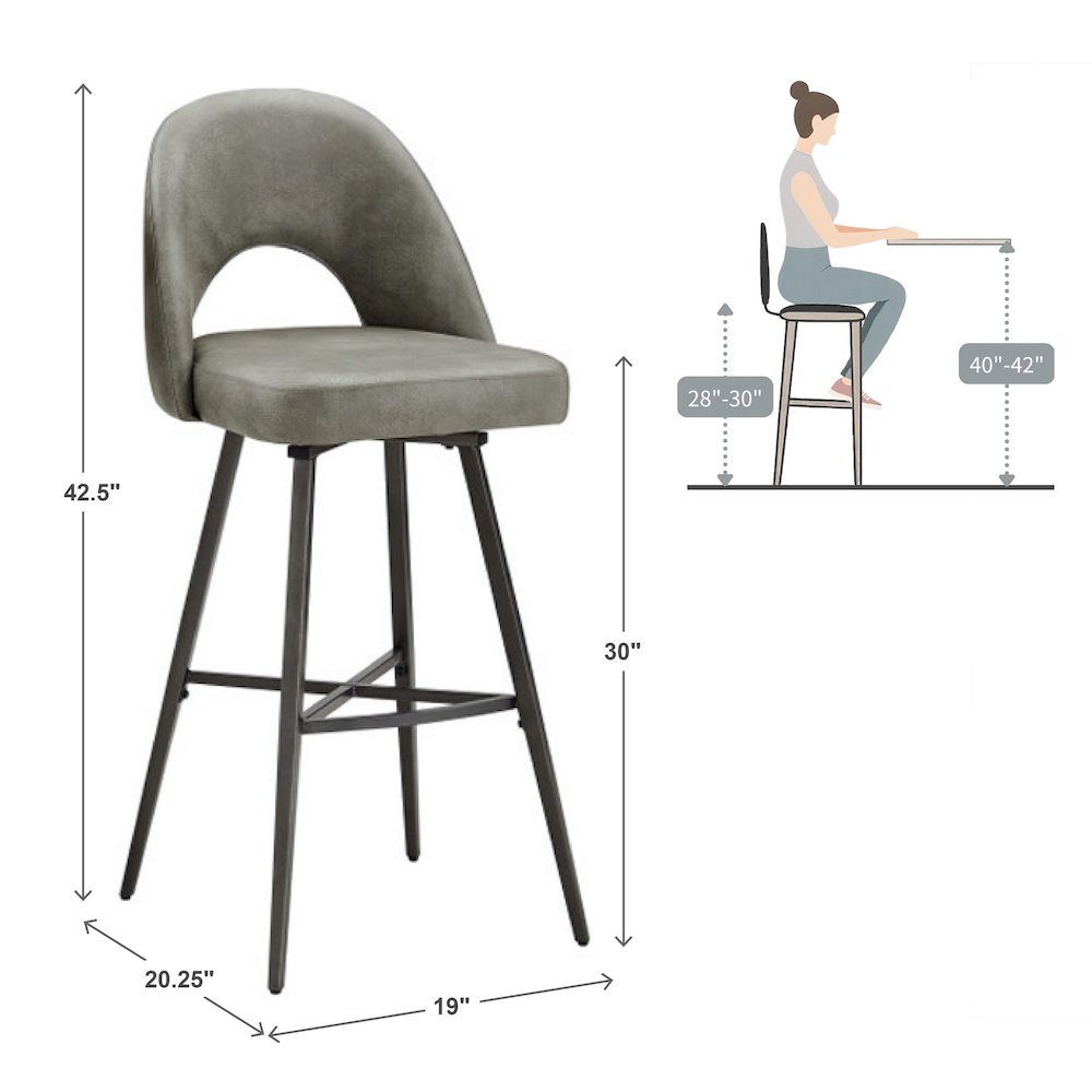 Set of 2, Iron Grey Finish Metal Light Grey PU Swivel Bar Height Chair. Picture 6