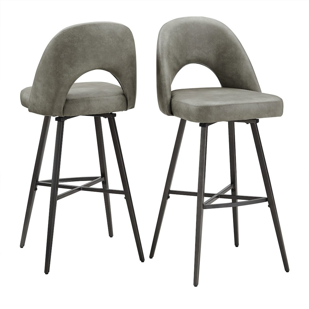 Set of 2, Iron Grey Finish Metal Light Grey PU Swivel Bar Height Chair. Picture 8