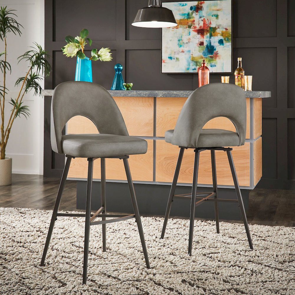 Set of 2, Iron Grey Finish Metal Light Grey PU Swivel Bar Height Chair. Picture 1